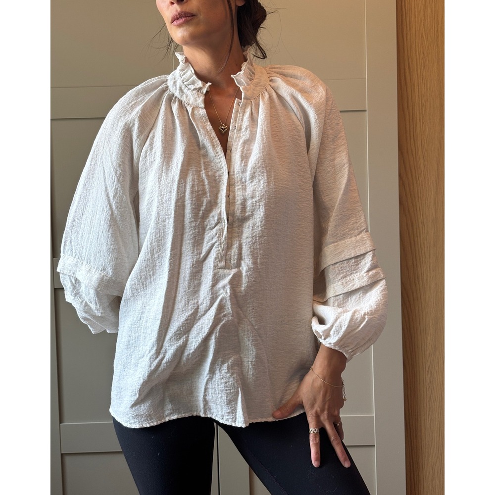 INC Women's Linen Blend Ruffle Neck Beige Boho Regency Cottage Boho Fairy Top S